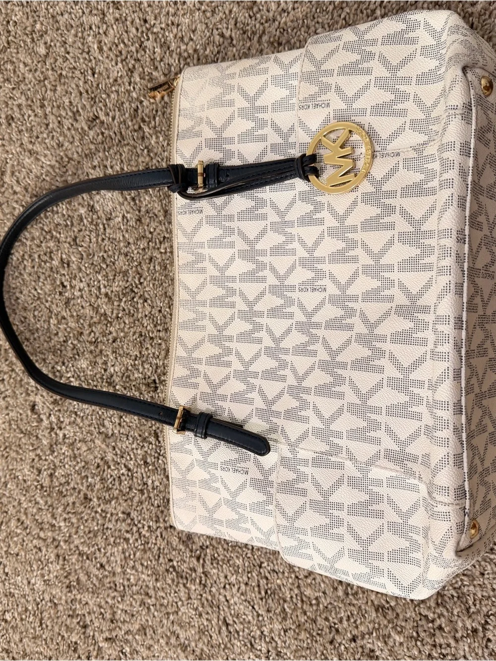Michael Kors Beige MK Logo Tote with Black Handles and Gold Accent